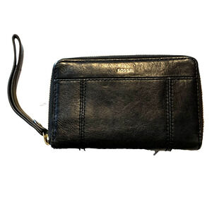 FOSSIL Full Zip Around Black Leather Clutch Wallet Wristlet Brass Findings